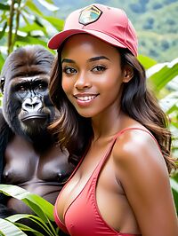 The Caribbean girl poses in red swimsuit near mountain gorillas in Rwanda's savannah