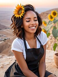Tanzanian woman in a black apron poses at the Masada ruins under fading twilight